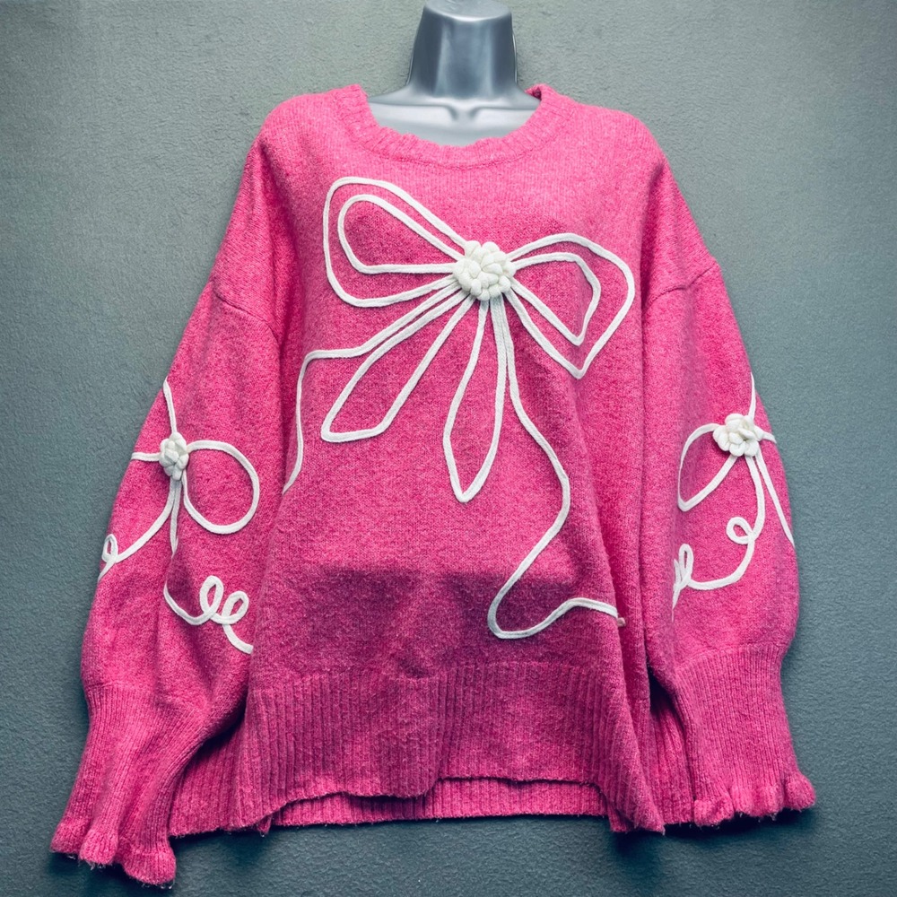 CHICSOUL.COM Pink Bow Applique 3D‎ coquette bubblegum Knit Sweater Plus Size 1XL